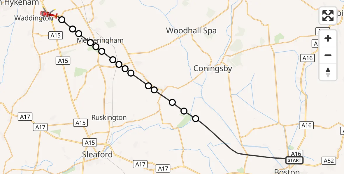 Flight route Air Ambulance Helicopter Boston - North Kesteven, 14 September 2026, 12:22