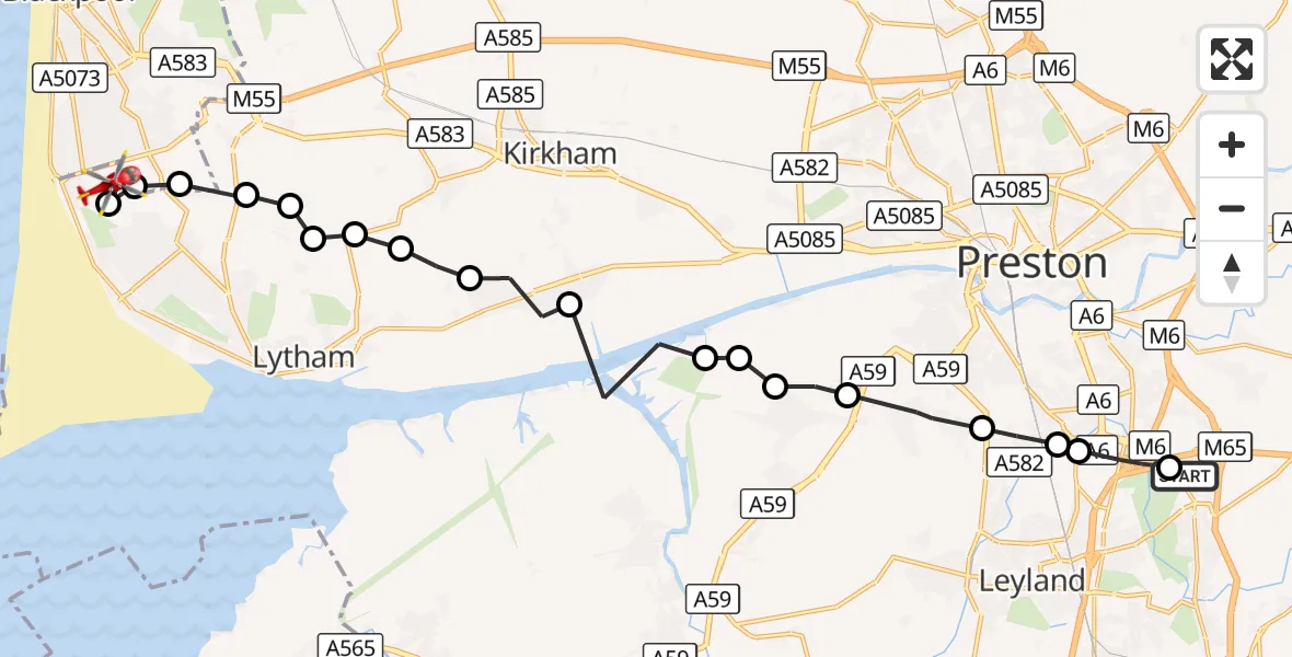 Flight route Air Ambulance Helicopter Bamber Bridge - Blackpool Airport, 14 September 2026, 12:22