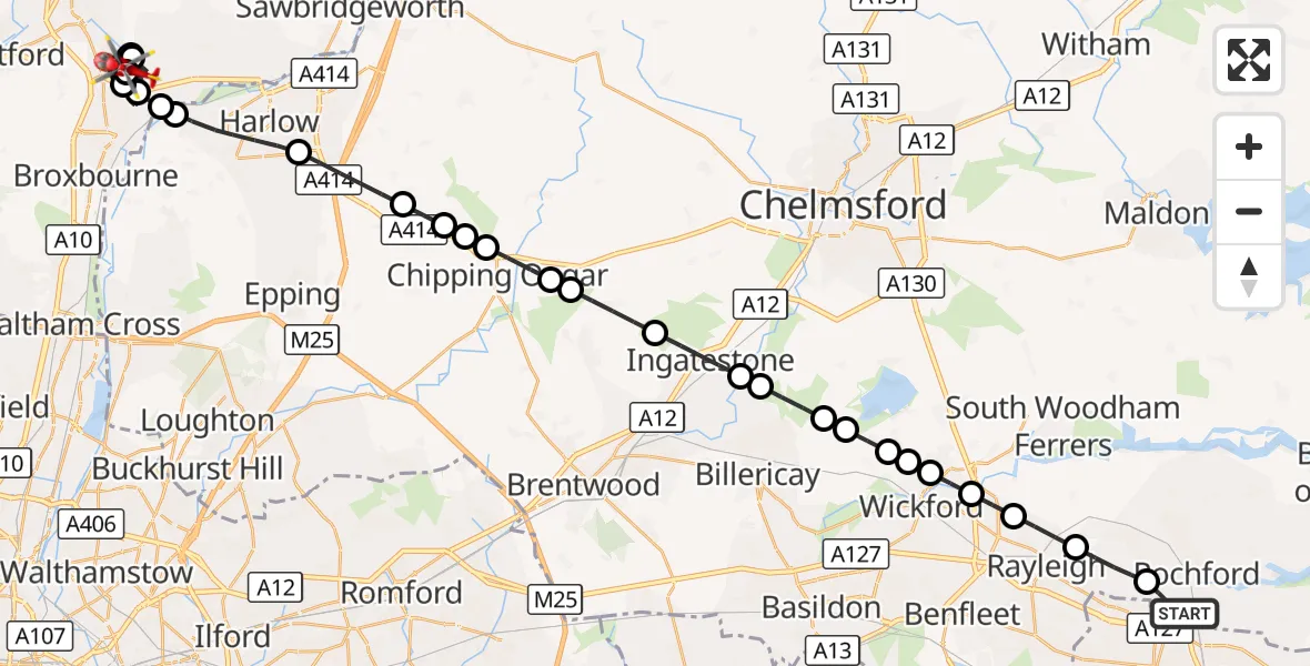 Flight route Air Ambulance Helicopter London Southend Airport - Stanstead Abbots, 14 September 2026, 12:46