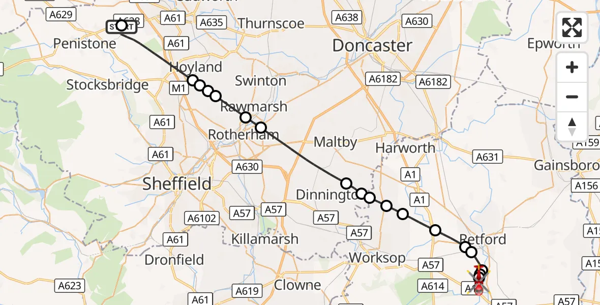 Flight route Air Ambulance Helicopter Barnsley - Retford Gamston Airport, 14 September 2026, 12:54