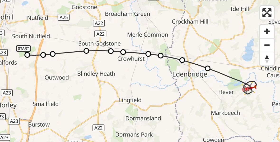 Flight route Air Ambulance Helicopter Redhill Aerodrome - Sevenoaks, 14 September 2026, 12:58