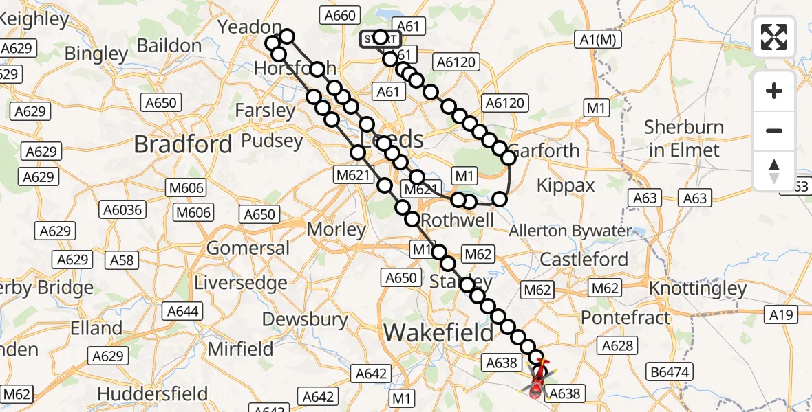 Flight route Air Ambulance Helicopter Alwoodley - YAA Nostell Helicopter Port, 14 September 2026, 13:00