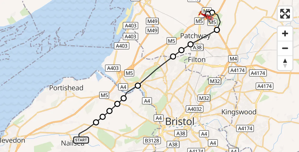Flight route Air Ambulance Helicopter Wraxall - Almondsbury Helicopter Base, 14 September 2026, 13:04