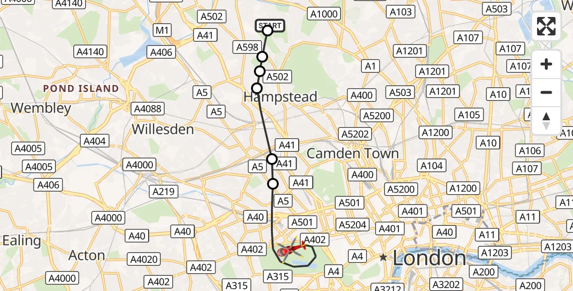 Flight route Air Ambulance Helicopter Hampstead Garden Suburb - City of Westminster, 14 September 2026, 13:05