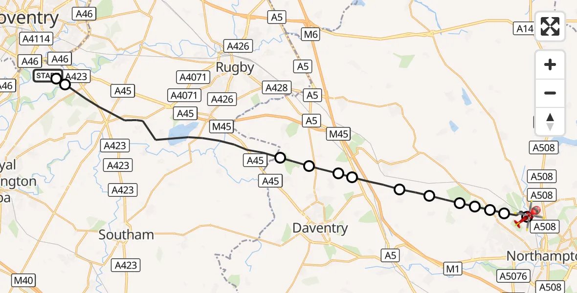 Flight route Air Ambulance Helicopter Coventry Airport - Chapel Brampton, 14 September 2026, 13:22