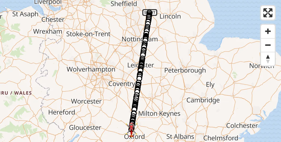 Flight route Air Ambulance Helicopter Retford Gamston Airport - London Oxford Airport, 14 September 2026, 13:46