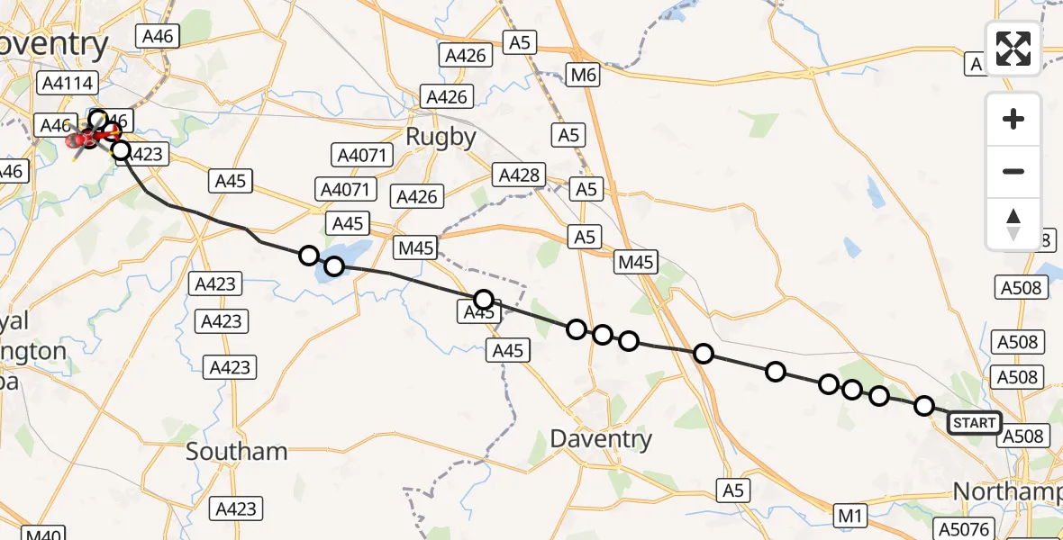 Flight route Air Ambulance Helicopter Northampton - Coventry Airport, 14 September 2026, 13:49