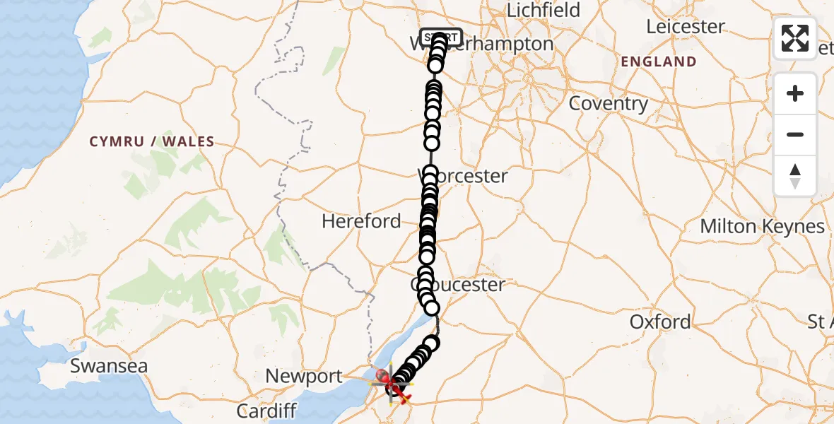Flight route Air Ambulance Helicopter Beckbury - Almondsbury Helicopter Base, 14 September 2026, 14:06
