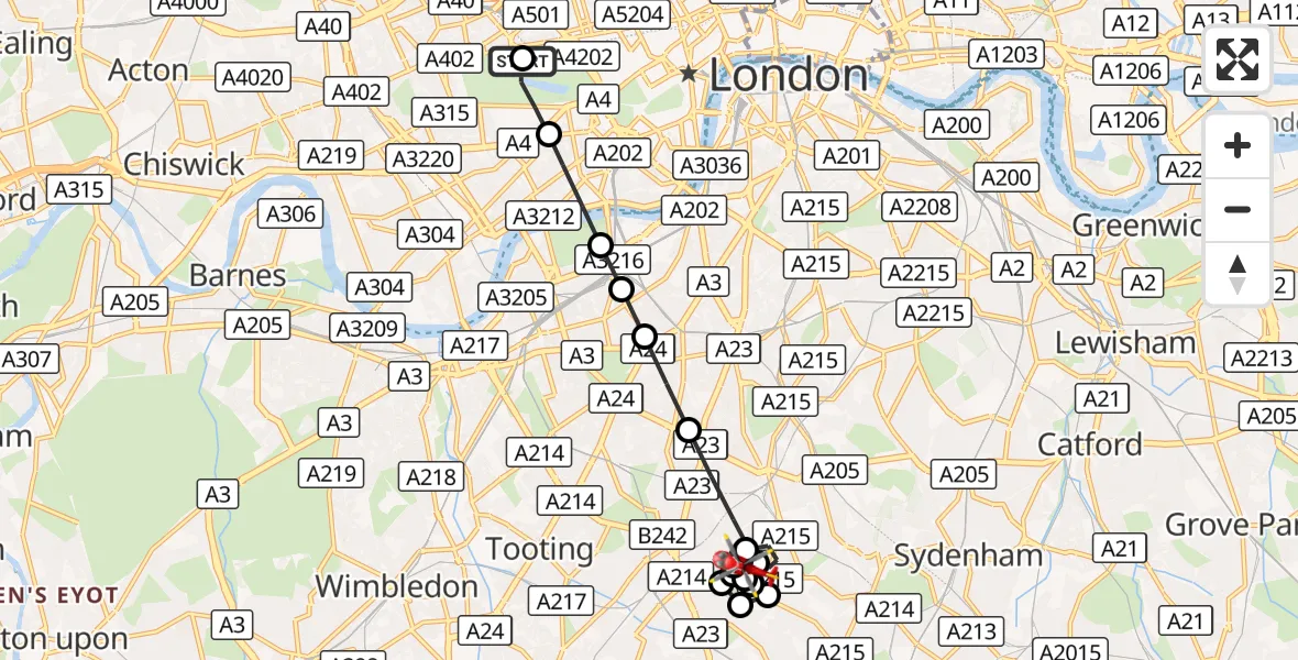 Flight route Air Ambulance Helicopter City of Westminster - Norbury, 14 September 2026, 14:09