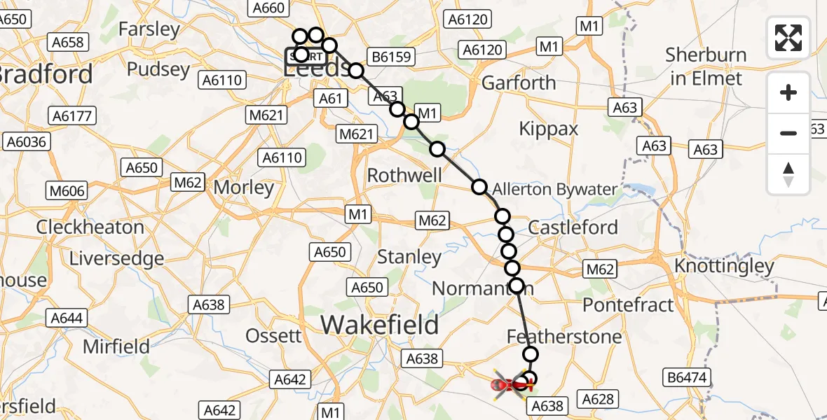 Flight route Air Ambulance Helicopter Woodhouse - YAA Nostell Helicopter Port, 14 September 2026, 14:14