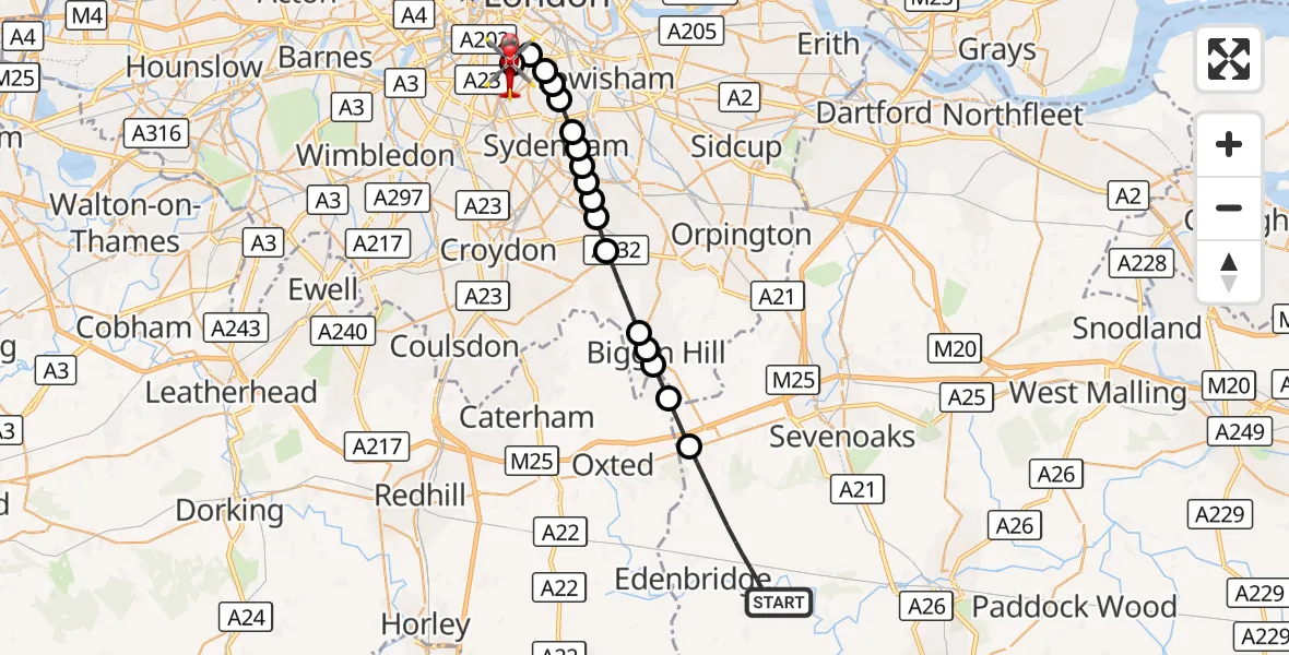 Flight route Air Ambulance Helicopter Sevenoaks - Kings College London Hospital, 14 September 2026, 14:17