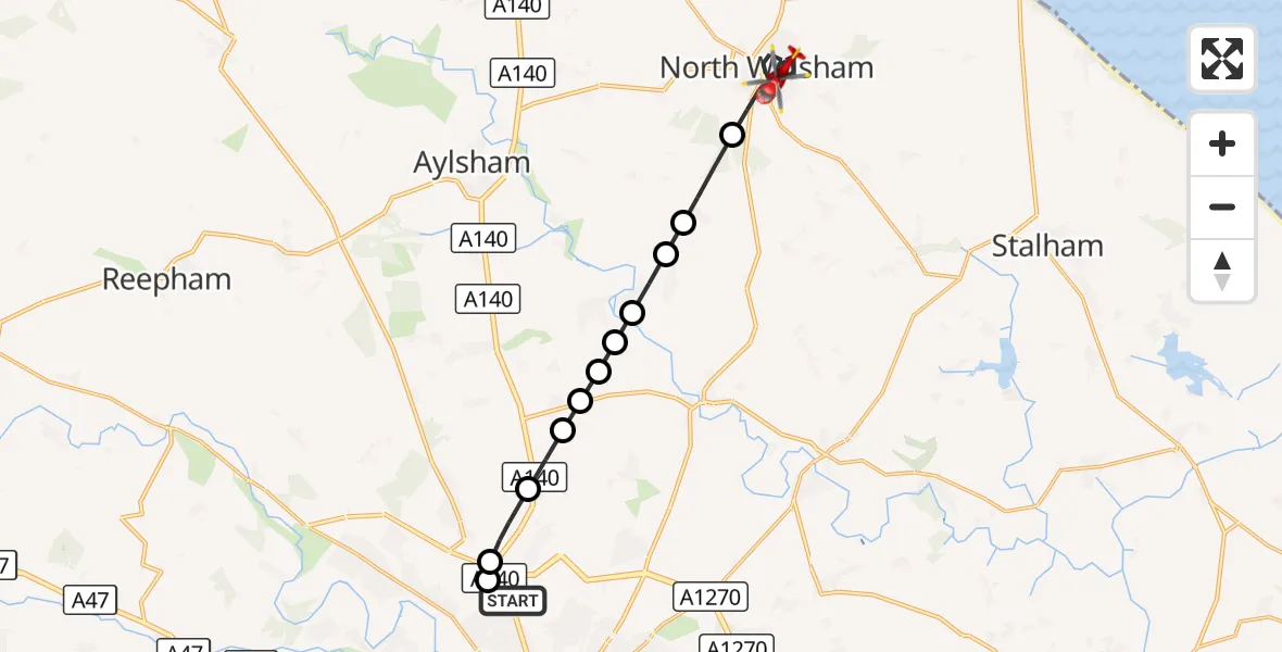 Flight route Air Ambulance Helicopter Norwich Airport - North Walsham, 14 September 2026, 14:22