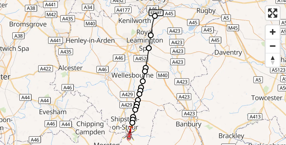 Flight route Air Ambulance Helicopter Coventry Airport - Burmington, 14 September 2026, 14:23
