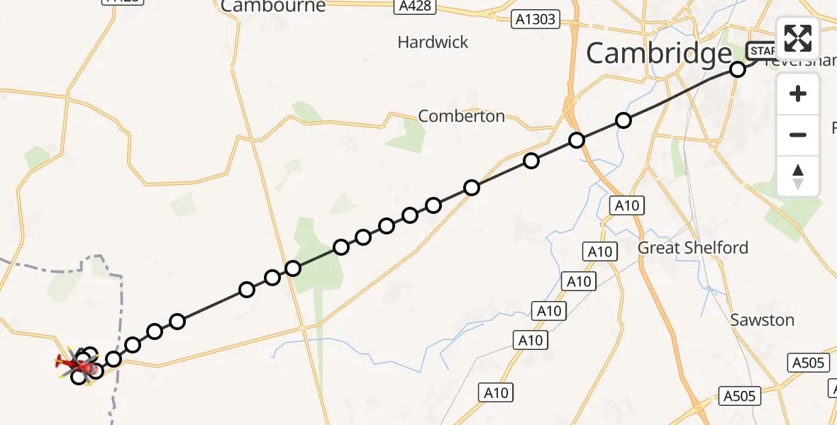 Flight route Air Ambulance Helicopter Cambridge City Airport - Wrestlingworth, 14 September 2026, 14:49