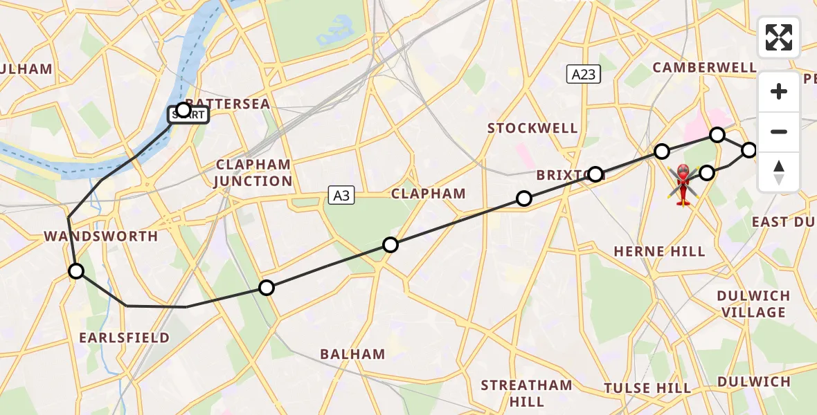 Flight route Air Ambulance Helicopter London Heliport - Herne Hill, 14 September 2026, 14:59