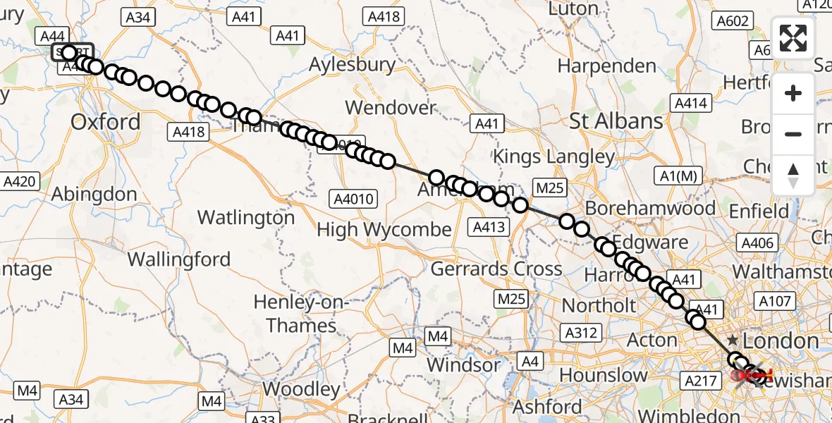 Flight route Air Ambulance Helicopter London Oxford Airport - Kings College London Hospital, 14 September 2026, 14:59