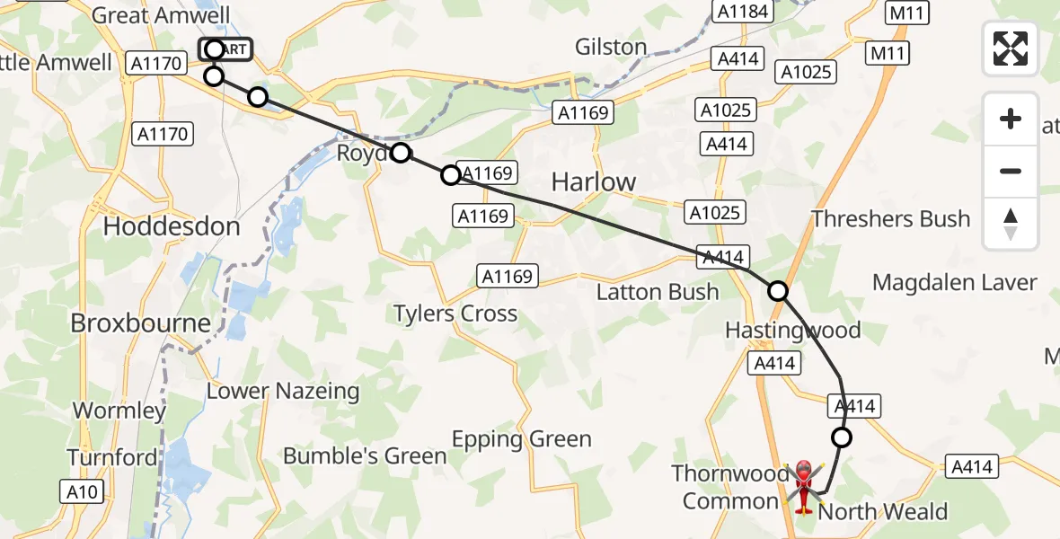 Flight route Air Ambulance Helicopter Stanstead Abbots - North Weald Airfield, 14 September 2026, 15:10