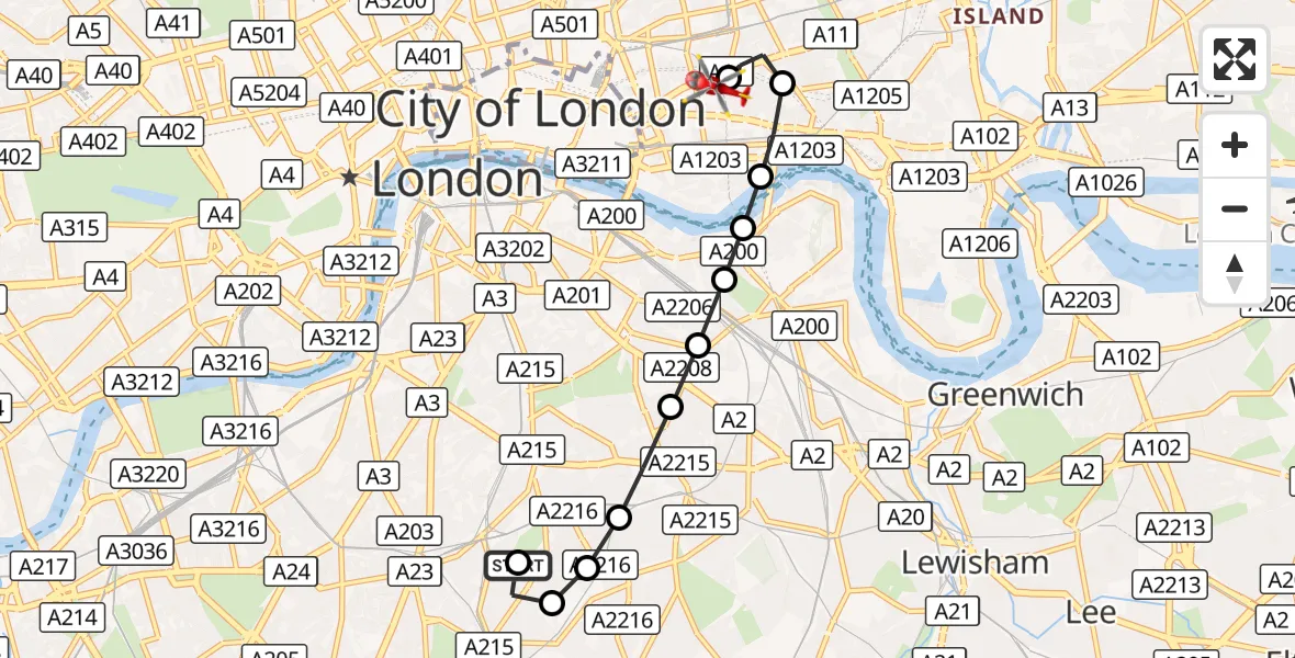 Flight route Air Ambulance Helicopter Herne Hill - Royal London Hospital, 14 September 2026, 15:21