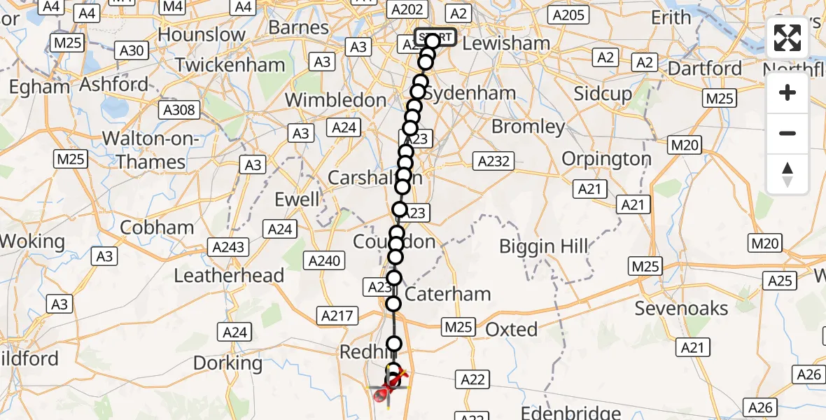 Flight route Air Ambulance Helicopter Kings College London Hospital - Redhill Aerodrome, 14 September 2026, 15:25