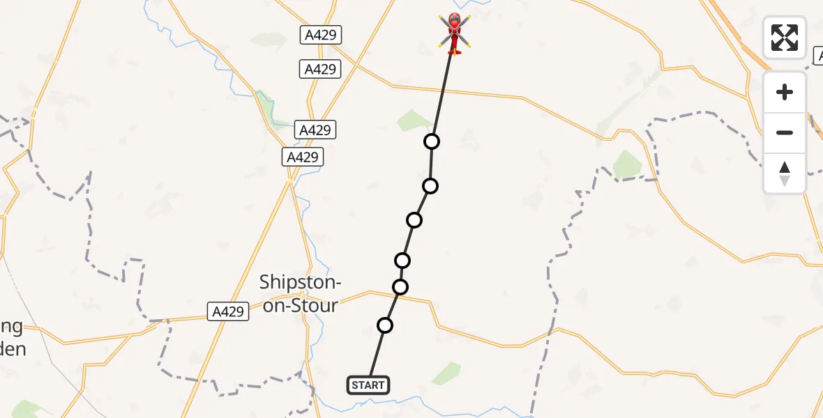 Flight route Air Ambulance Helicopter Burmington - Butlers Marston, 14 September 2026, 15:25