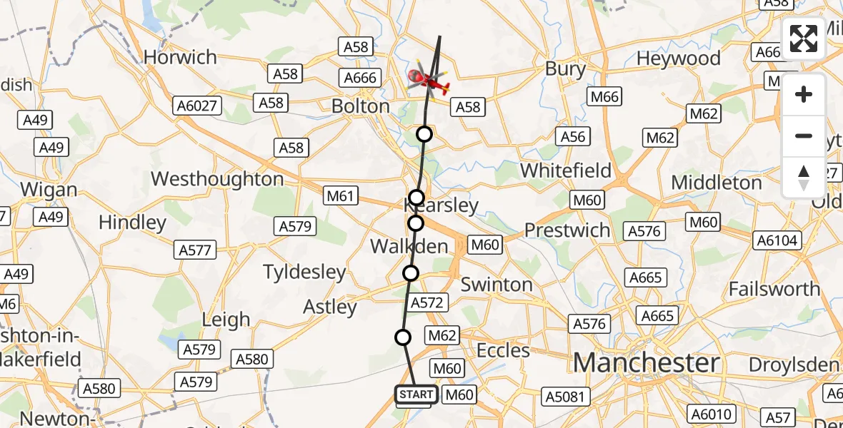 Flight route Air Ambulance Helicopter Manchester Barton Aerodrome - Bolton, 14 September 2026, 15:28