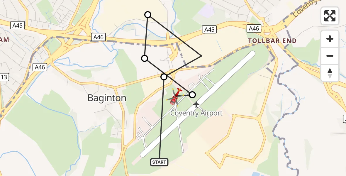 Flight route Air Ambulance Helicopter Coventry Airport - Coventry Airport, 14 September 2026, 15:32