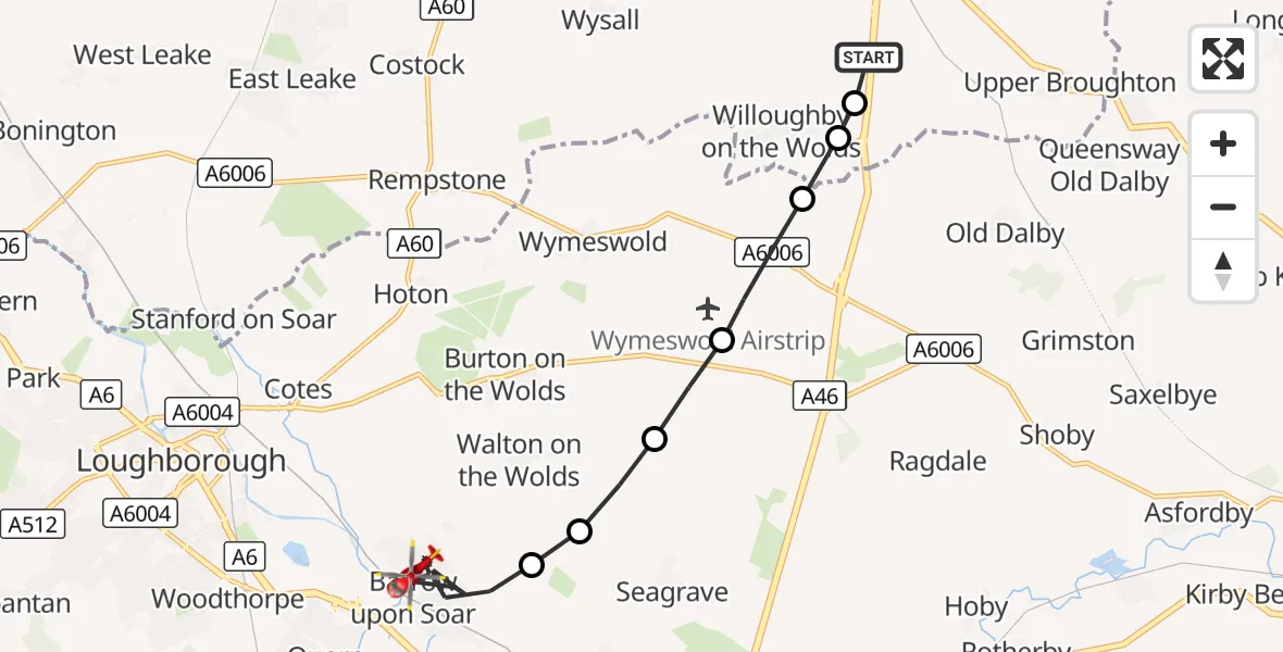 Flight route Air Ambulance Helicopter Widmerpool - Barrow upon Soar, 14 September 2026, 15:34