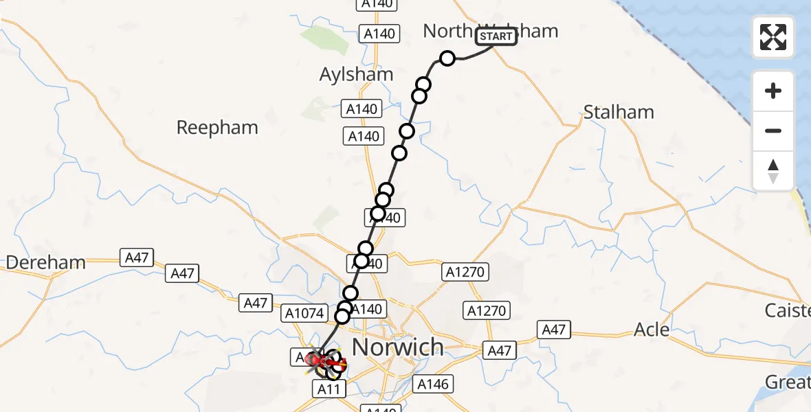Flight route Air Ambulance Helicopter North Walsham - Norfolk & Norwich Hospital, 14 September 2026, 15:41