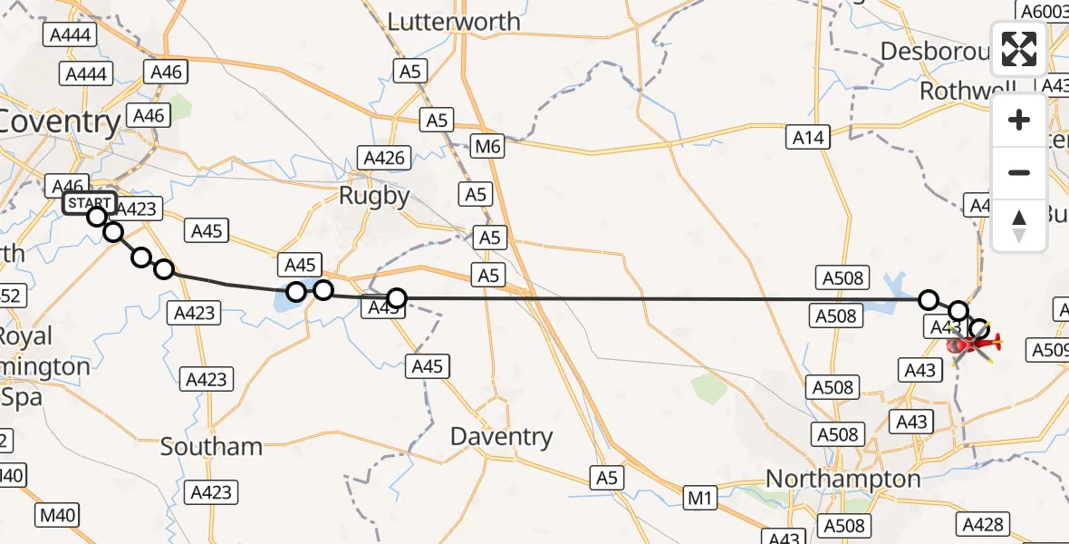 Flight route Air Ambulance Helicopter Coventry Airport - Sywell Aerodrome, 14 September 2026, 15:45