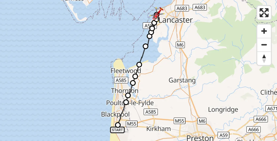 Flight route Air Ambulance Helicopter Blackpool Airport - Morecambe, 14 September 2026, 15:46