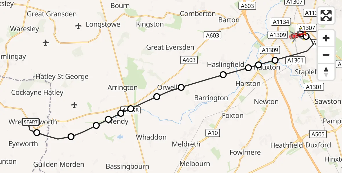 Flight route Air Ambulance Helicopter Wrestlingworth - Papworth Hospital, 14 September 2026, 15:50