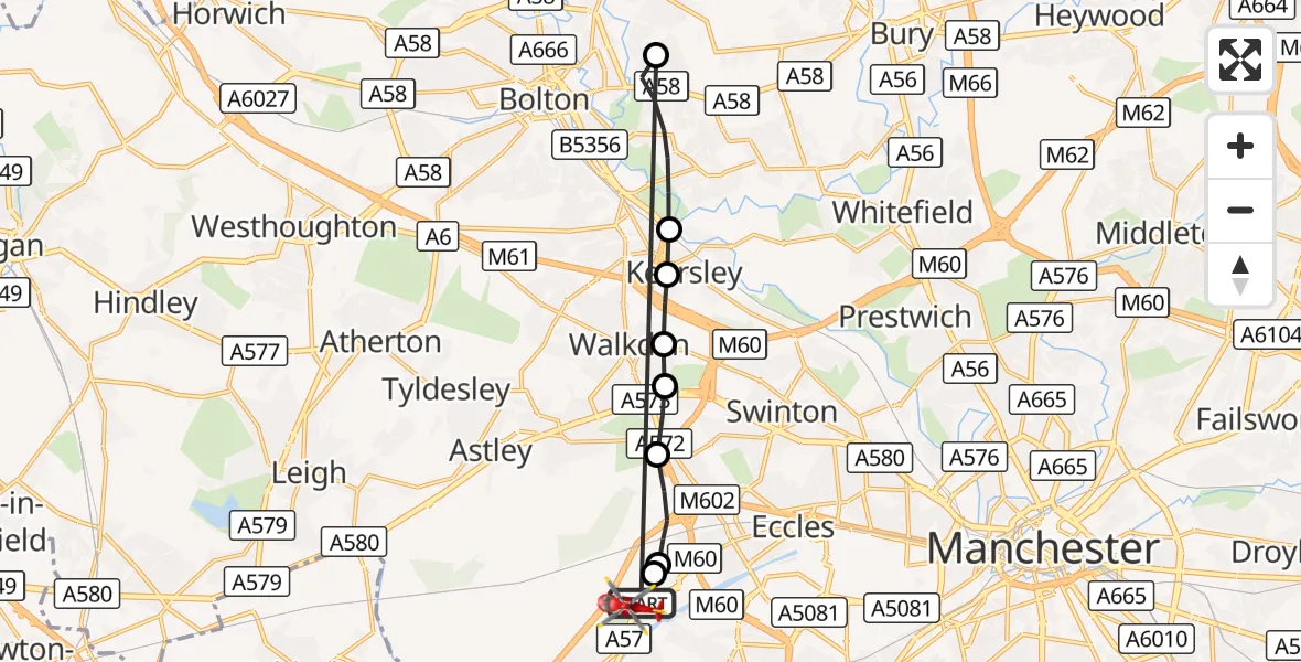 Flight route Air Ambulance Helicopter Manchester Barton Aerodrome - Irlam, 14 September 2026, 15:57