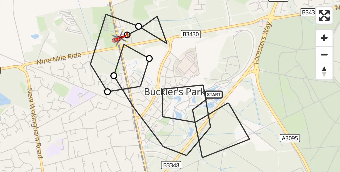 Flight route Air Ambulance Helicopter Buckler's Park - Wokingham Without, 14 September 2026, 16:08