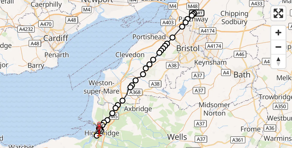 Flight route Air Ambulance Helicopter Almondsbury Helicopter Base - Burnham-on-Sea, 14 September 2026, 16:26