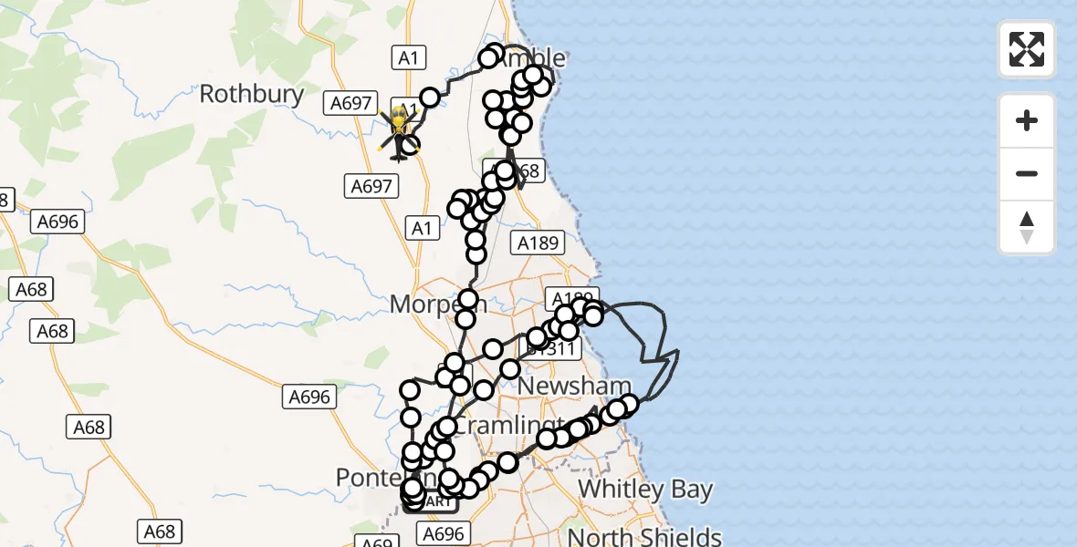 Flight route Police Helicopter Newcastle International Airport - Thirston, 14 September 2026, 16:32