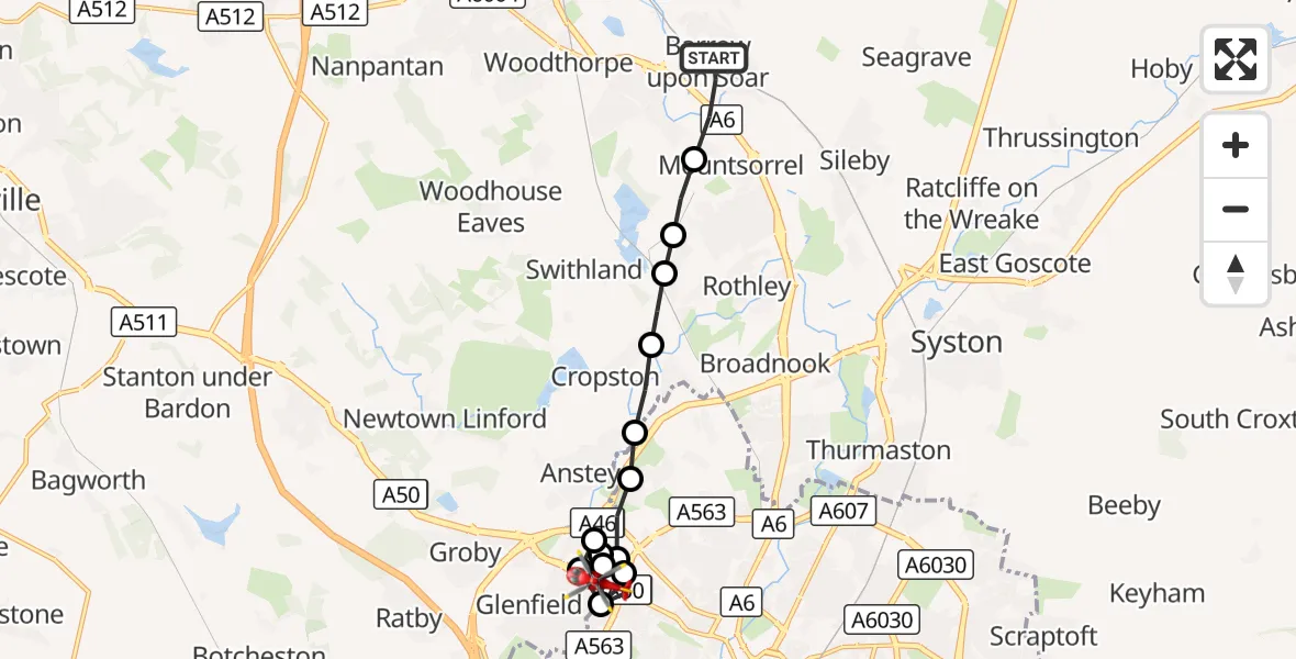 Flight route Air Ambulance Helicopter Barrow upon Soar - Bradgate Heights, 14 September 2026, 16:37