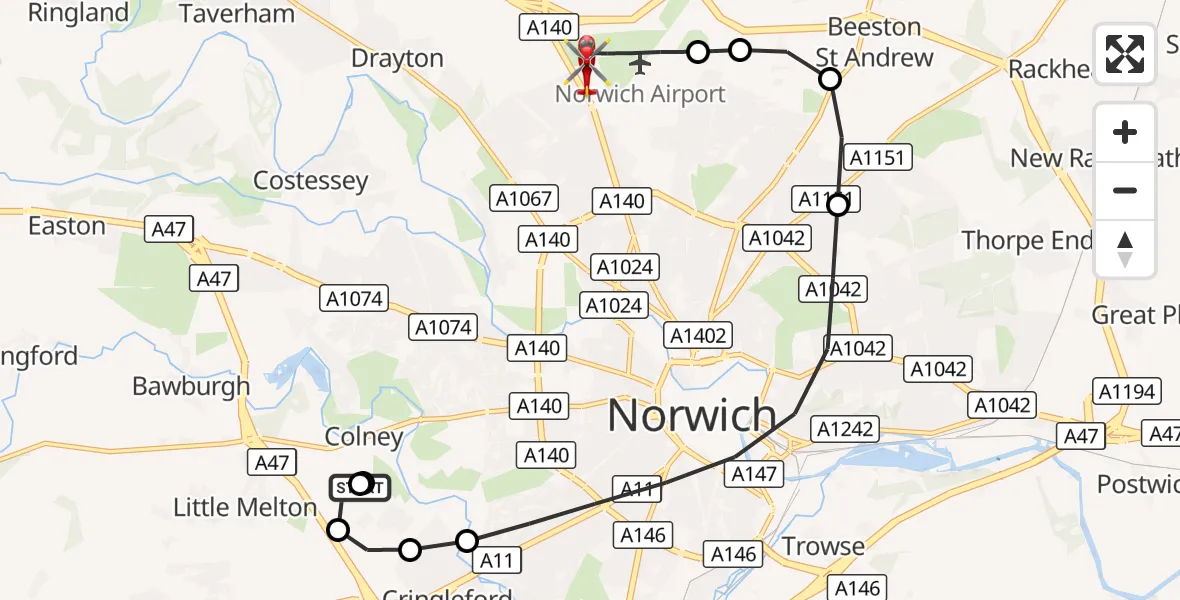 Flight route Air Ambulance Helicopter Norfolk & Norwich Hospital - Norwich Airport, 14 September 2026, 16:40