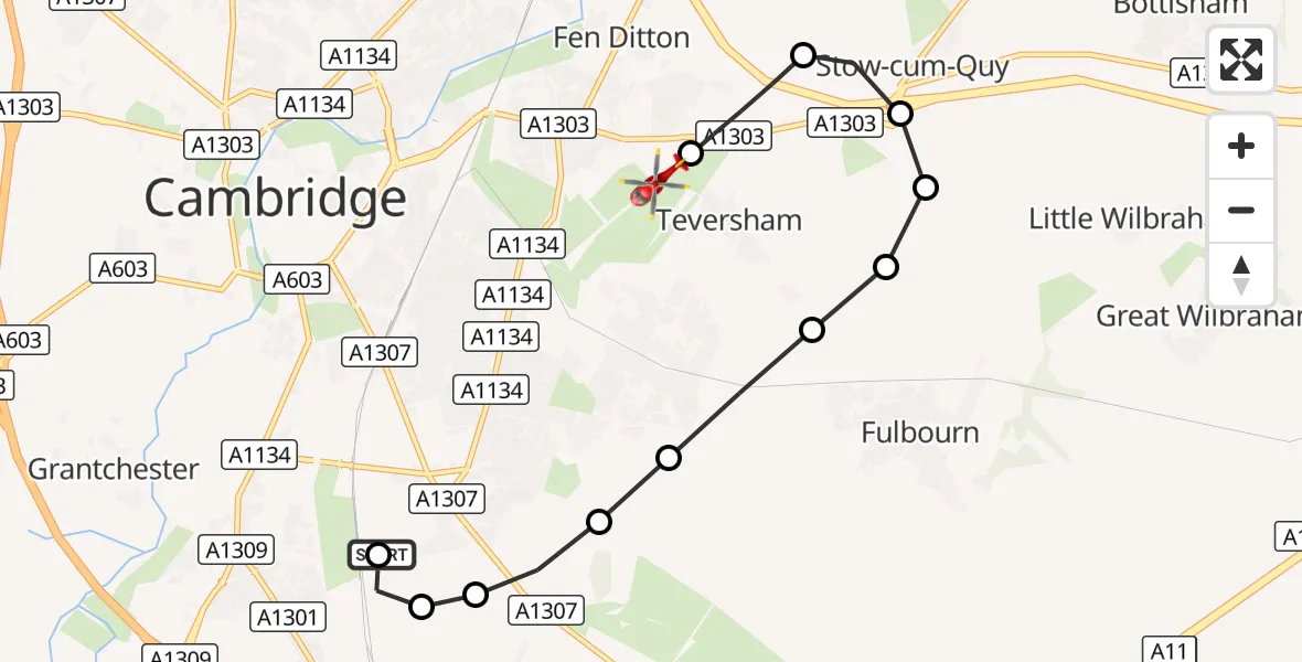Flight route Air Ambulance Helicopter Papworth Hospital - Cambridge City Airport, 14 September 2026, 16:49