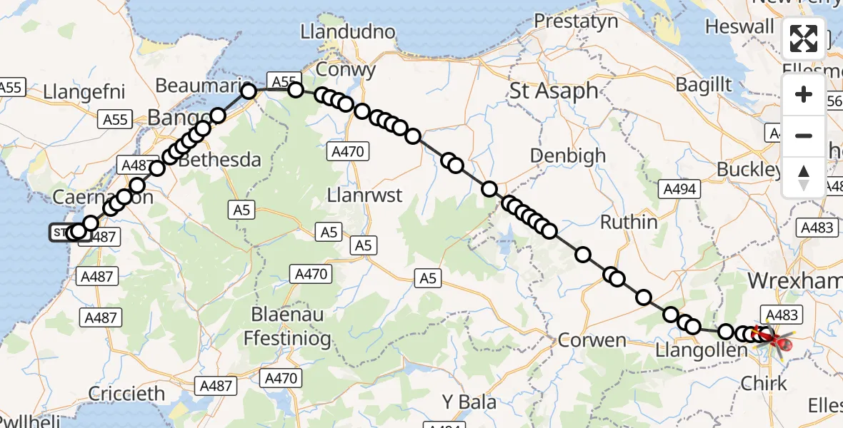 Flight route Air Ambulance Helicopter Caernarfon Airport - Ruabon, 14 September 2026, 16:51