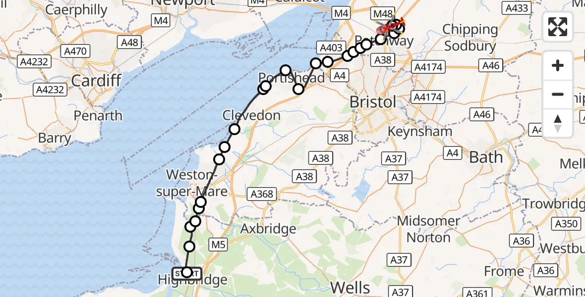 Flight route Air Ambulance Helicopter Highbridge - Almondsbury Helicopter Base, 14 September 2026, 16:51