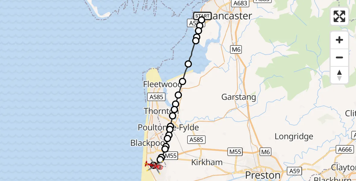 Flight route Air Ambulance Helicopter Lancaster - Blackpool Airport, 14 September 2026, 17:12