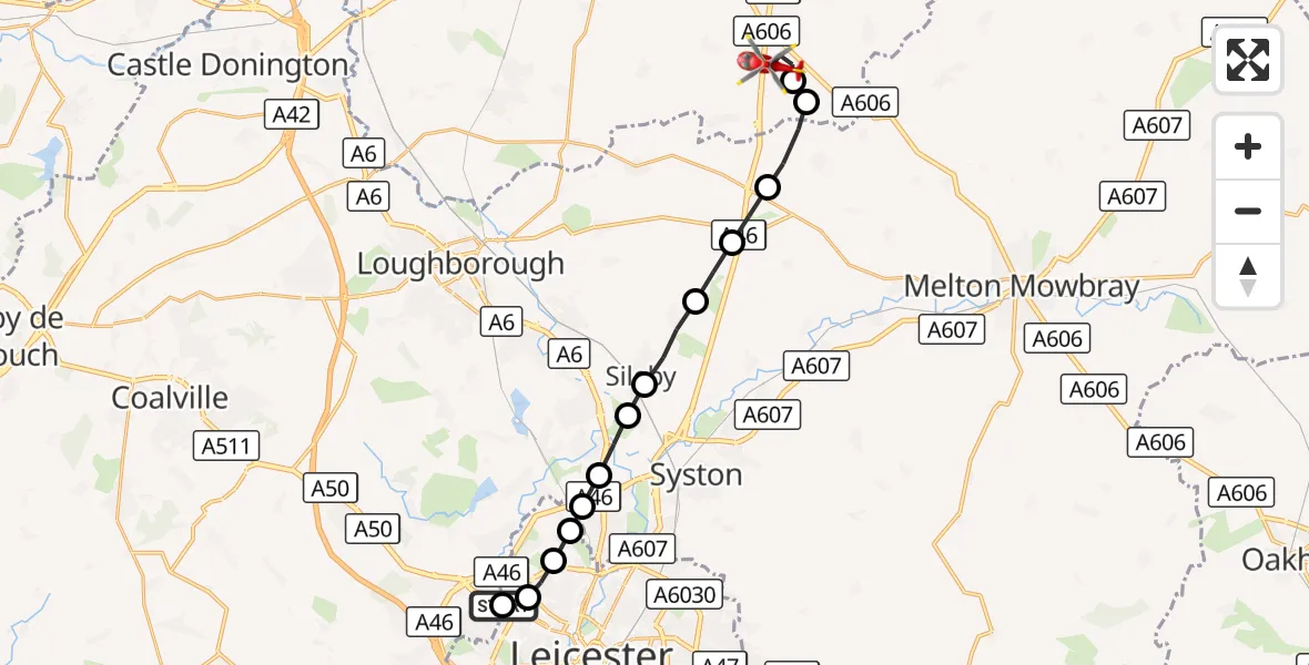 Flight route Air Ambulance Helicopter New Parks - Nottingham Heliport, 14 September 2026, 17:17
