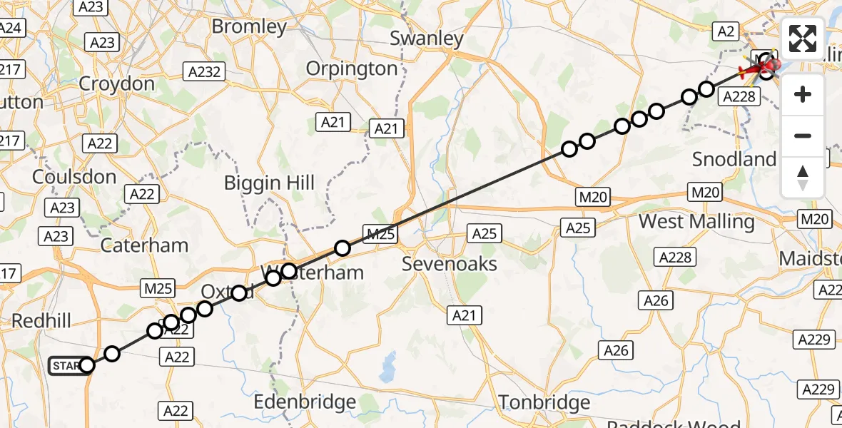 Flight route Air Ambulance Helicopter Redhill Aerodrome - Cuxton, 14 September 2026, 17:19