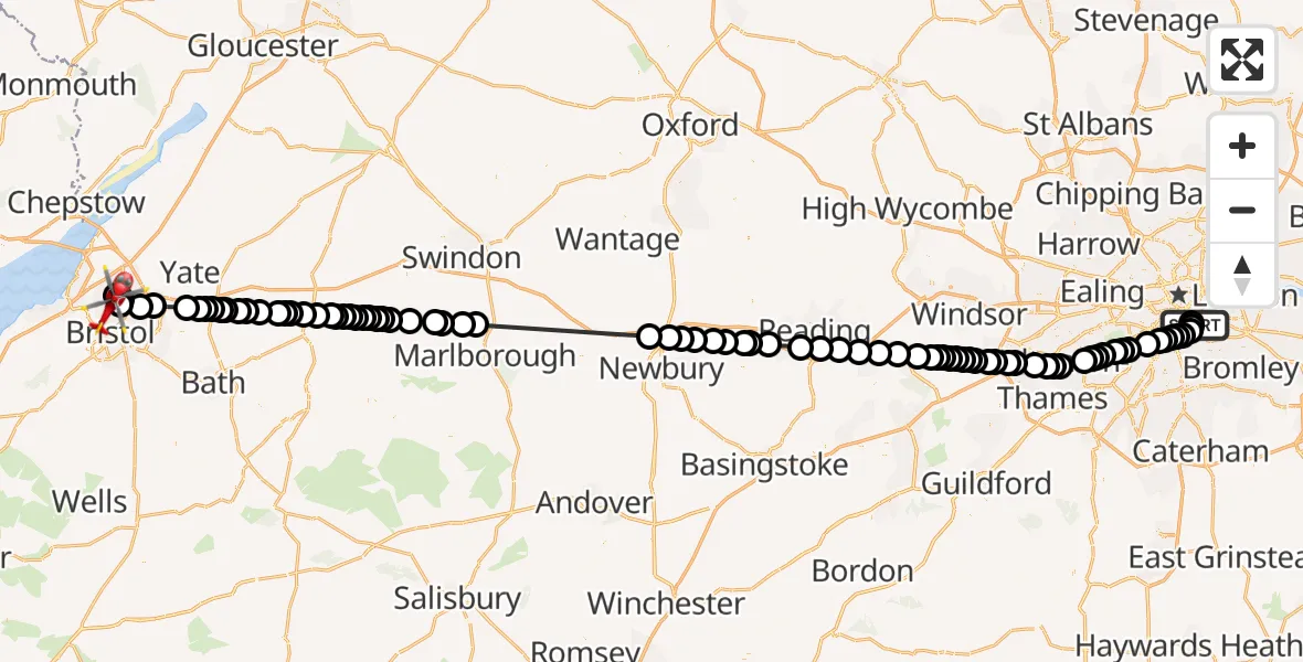 Flight route Air Ambulance Helicopter Kings College London Hospital - Bristol, 14 September 2026, 17:20