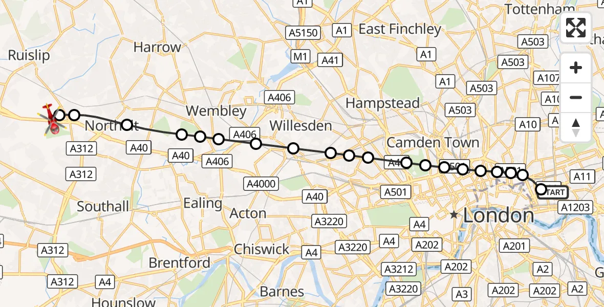 Flight route Air Ambulance Helicopter Royal London Hospital - RAF Northolt, 14 September 2026, 17:22