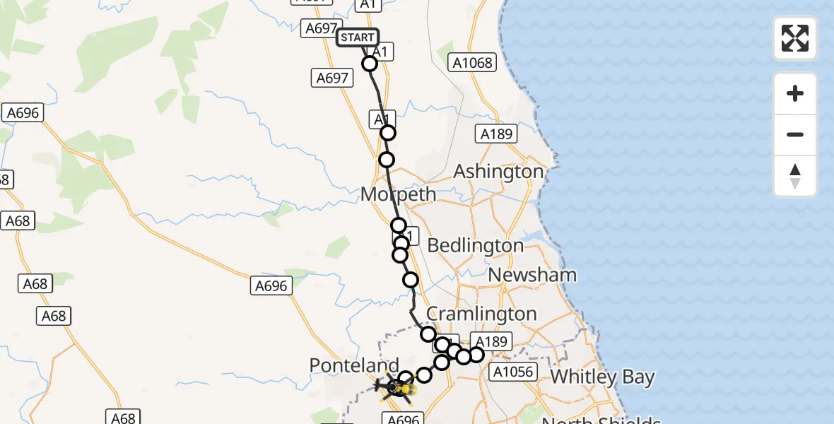 Flight route Police Helicopter Thirston - Newcastle International Airport, 14 September 2026, 17:25