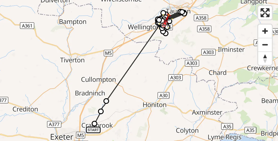 Flight route Air Ambulance Helicopter Exeter International Airport - Bishop's Hull, 14 September 2026, 17:44