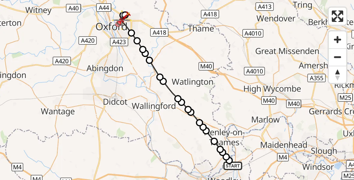 Flight route Air Ambulance Helicopter Twyford - Oxford, 14 September 2026, 17:52