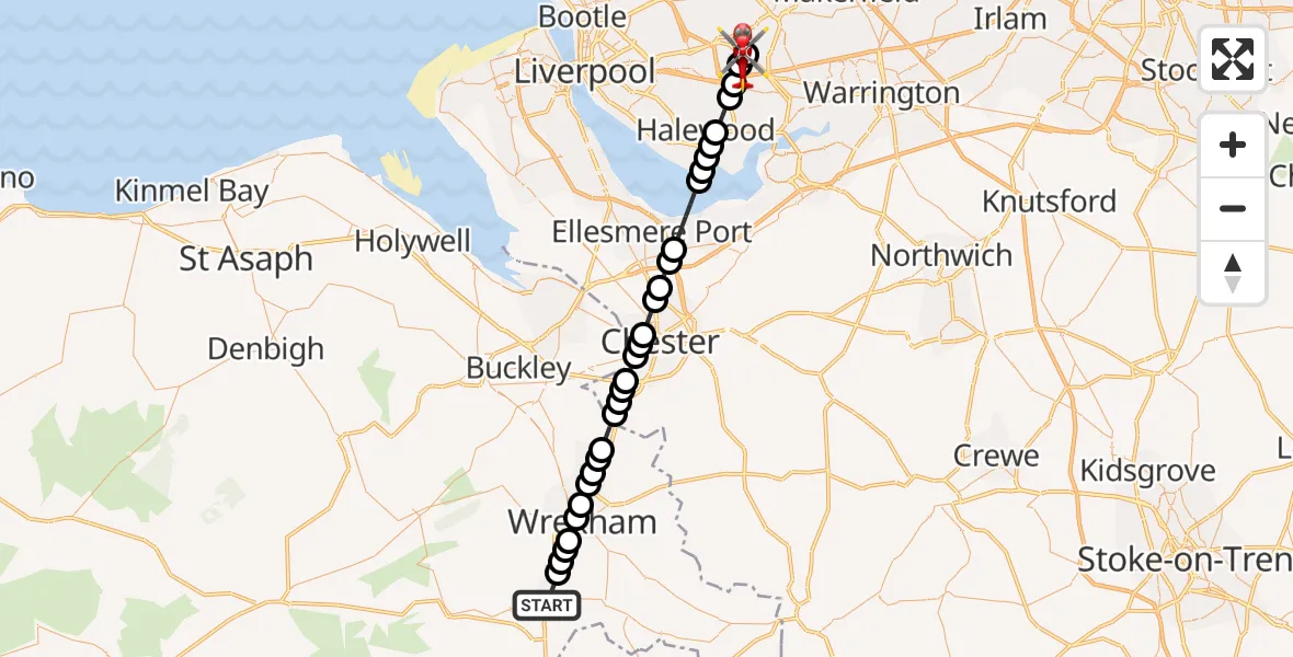 Flight route Air Ambulance Helicopter Ruabon - St Helens, 14 September 2026, 17:56