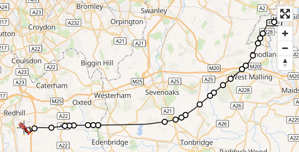 Flight route Air Ambulance Helicopter Borstal - Redhill Aerodrome, 14 September 2026, 17:57